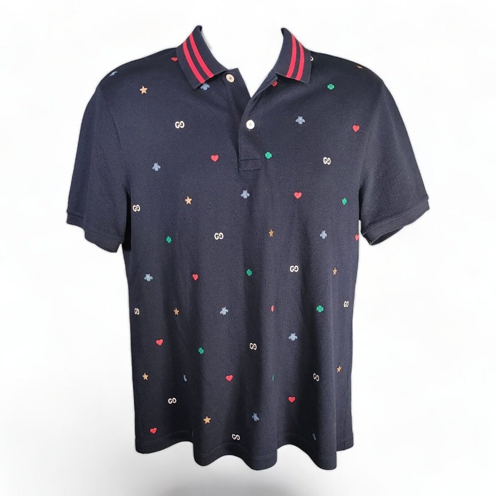 Gucci Polo Shirt Blue Men's Large Embroidered Logo Monogram Star Bee Heart - Picture 1 of 5